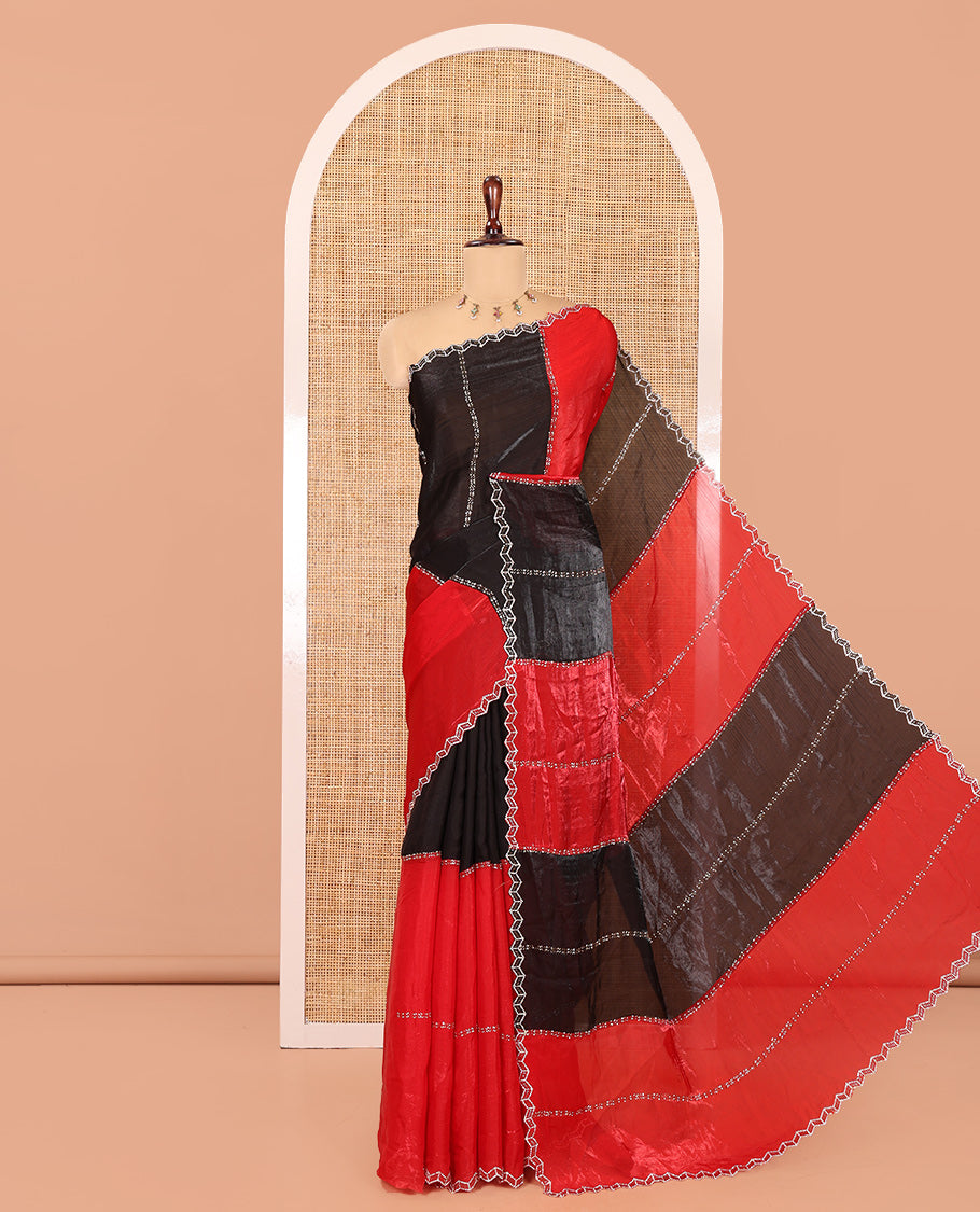 Red-Black Fendi Chiffon Saree, Decorated with Swarovski Stone Work, a Scallop Swarovski Stonework Border, a Matching Stonework Blouse