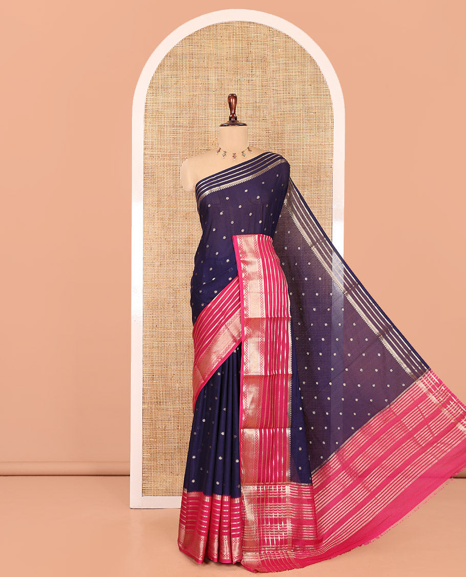 Navy Blue Art Crepe Saree Features Zari Buttas, Complemented by Contrast Traditional Zari Border, Zari Striped Pallu, and a Contrast Blouse