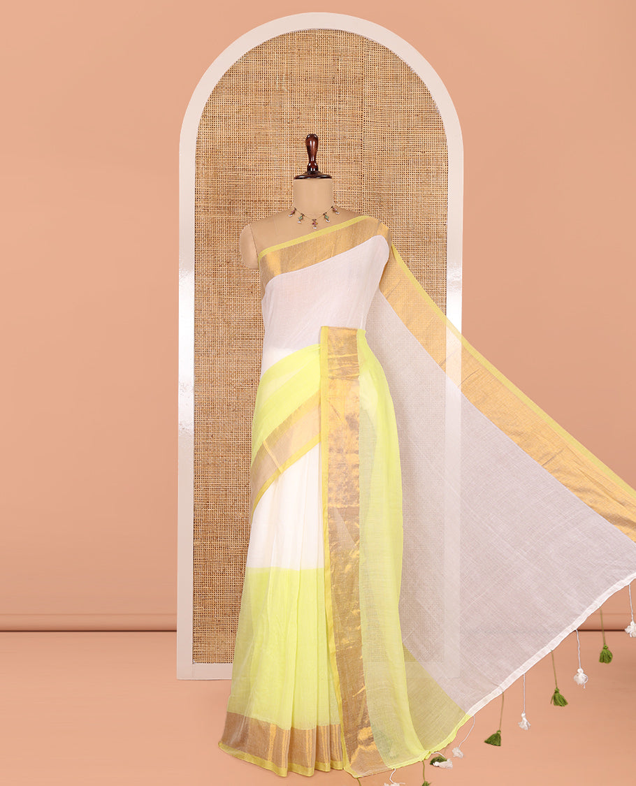 Lemon Yellow Half-And-Half-Style Plain Khadi Mul Cotton Saree, a Subtle Zari Border, and No Blouse