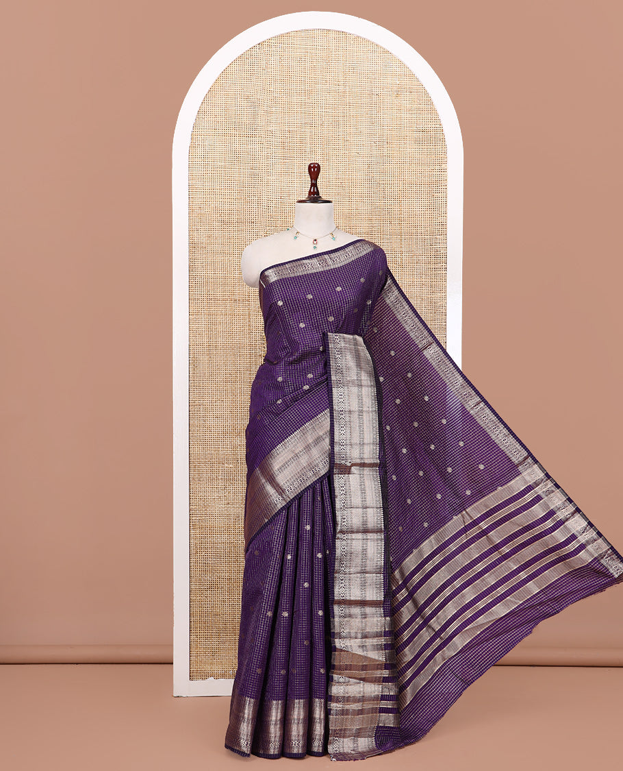 Violet Semi-Tussar Saree, Enriched with Zari Buttas and Checks, a Traditional Zari Border, and a Matching Blouse