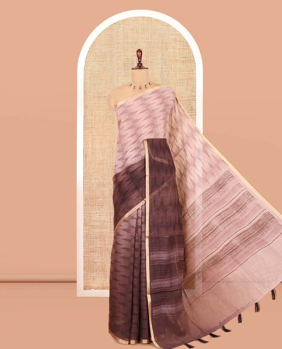 Brown Linen Cotton Saree, Accentuated with Ikat Zig-Zag Stripes, a Piping Border, Printed Pallu, and Matching Blouse