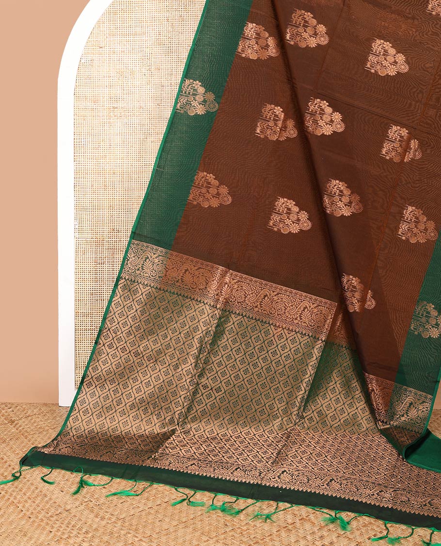 Honey color zari design silk cotton saree with contrast border & rich pallu along with contrast blouse