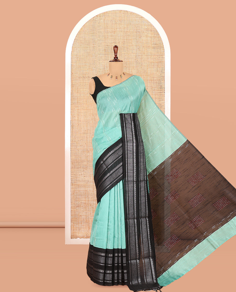 Sea Green Semi-Raw Silk Saree, Subtly Woven with Thread Stripes, a Contrast Traditional Zari Border, Contrast Pallu, and a Contrast Blouse