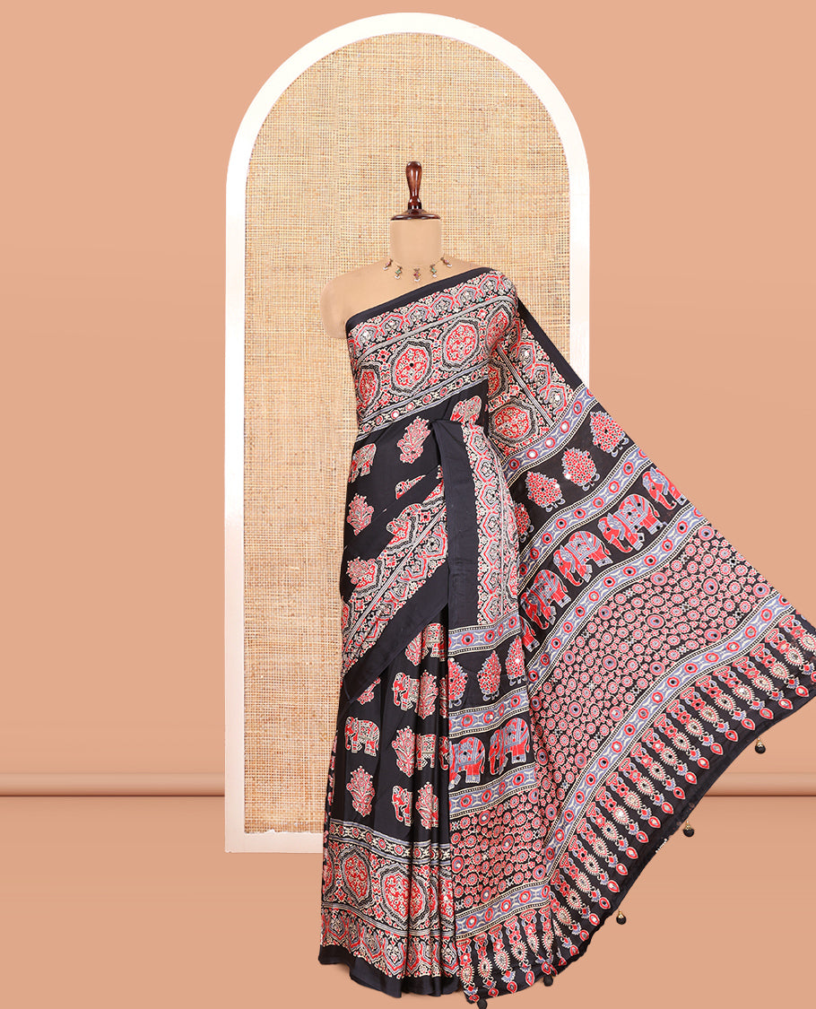 Black Satin Crepe Saree, Adorned with Ajrakh and Elephant Print, Intricately Printed Border, a Matching Blouse