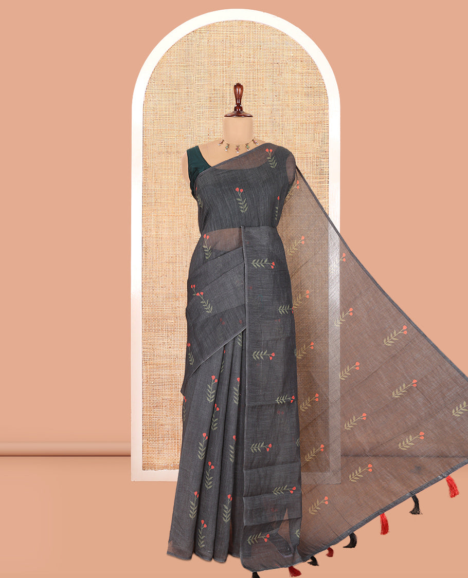 Borderless Black-Red Linen Cotton Saree