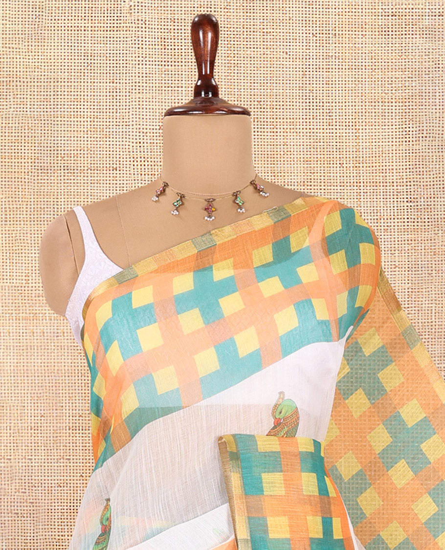 White-Yellow Linen Cotton Saree