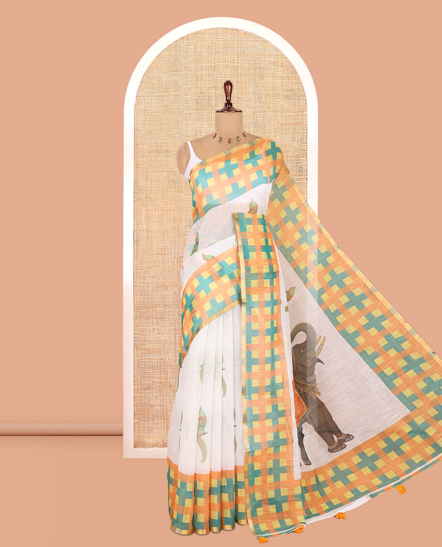 White-Yellow Linen Cotton Saree