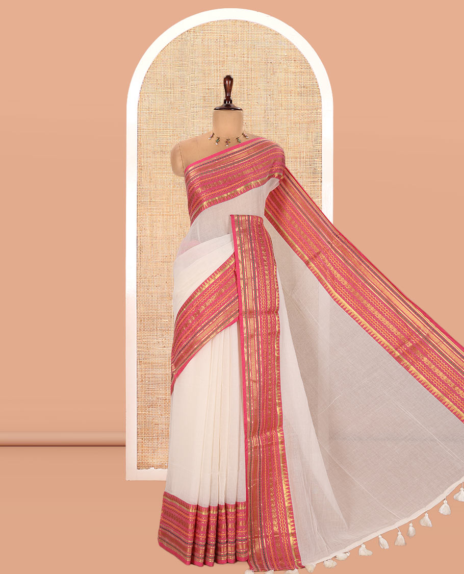 Cream-Rani Pink Plain Khadi Mul Cotton Saree