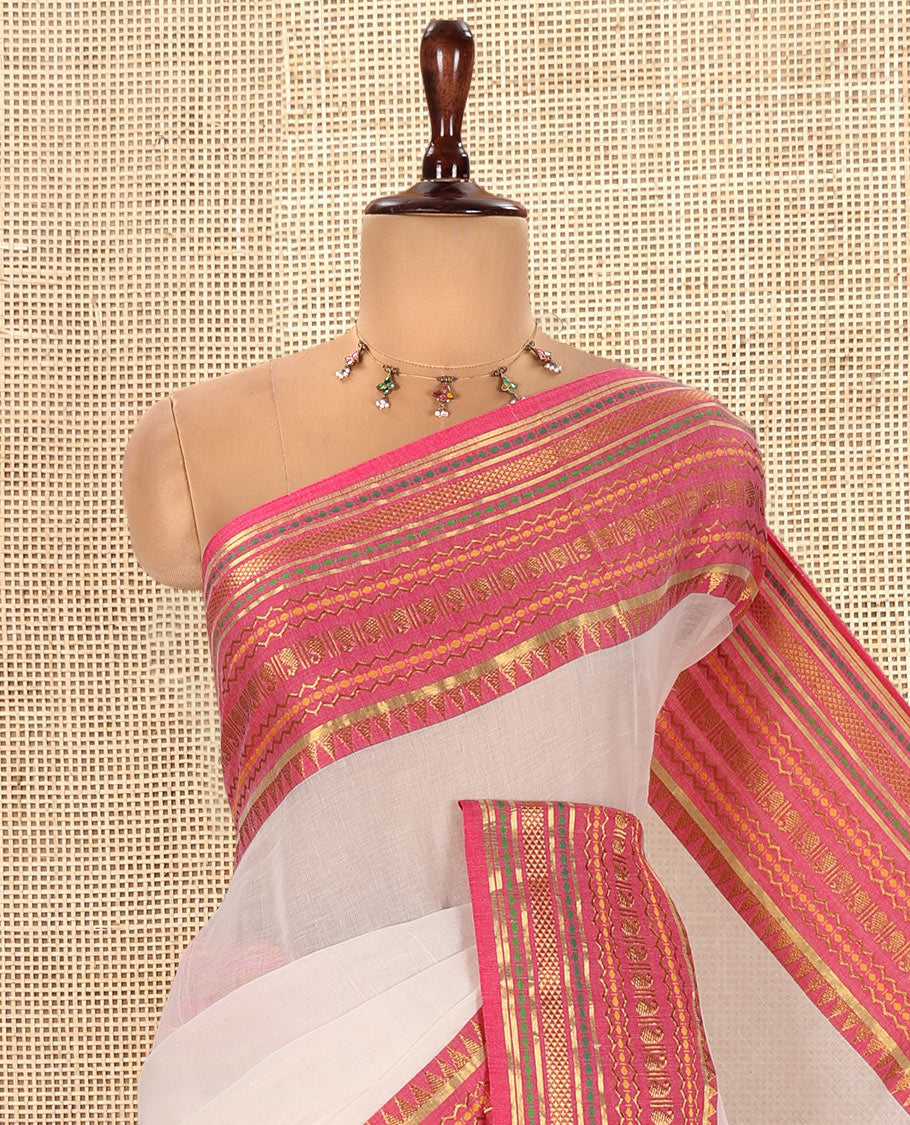 Cream-Rani Pink Plain Khadi Mul Cotton Saree