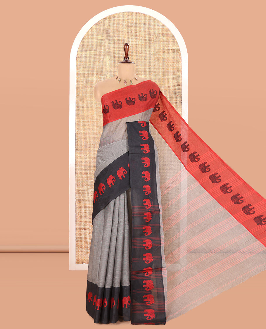 Grey-Black Plain Bengal Cotton Saree
