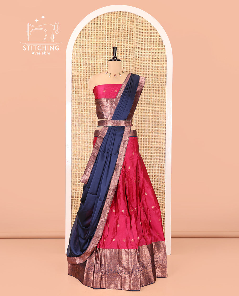 Pink-Navy Blue Semi-Banarasi Half-Saree Features Buttas on Skirt, a Contrast Traditional Zari Border, Matching Blouse, and Contrast Satin Georgette Dhavani