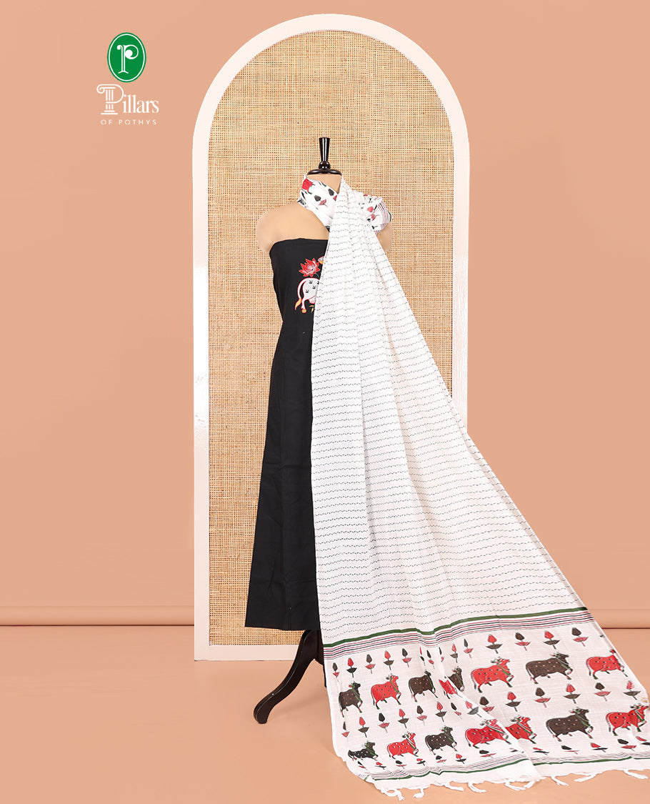 Black Material Chudidar Set, Artfully Woven with Pichwai Cow Motifs Embroidered Cotton Top, Complemented by a Contrast Plain Cotton Bottom, Paired with Pichwai Printed Dupatta