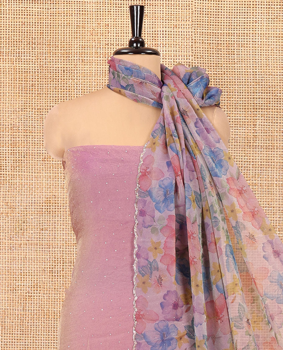 Lavender Moss Organza Material Chudidar Set, Gleamed Up with Stonework Top, a Plain Santoon Bottom, and Paired with Floral Print and Scallop Stonework Dupatta