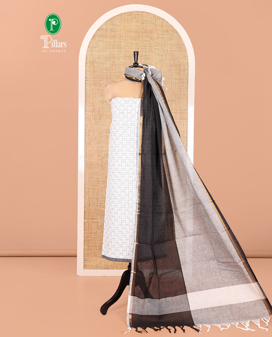 White-Black Handloom Cotton Material Chudidar Set Featuring Butta Enclosed Checked Top, Heathered Bottom, and Dual-Color Dupatta