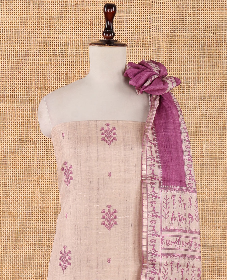 Chikku-base semi-tussar material chudidar set, floral & warli motifs top, contrast purple plain bottom & warli motifs steeped dupatta
