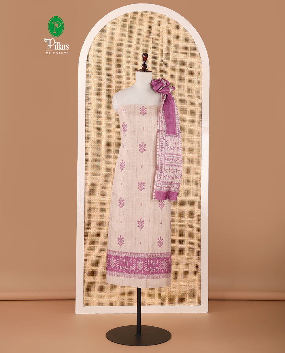 Chikku-base semi-tussar material chudidar set, floral & warli motifs top, contrast purple plain bottom & warli motifs steeped dupatta