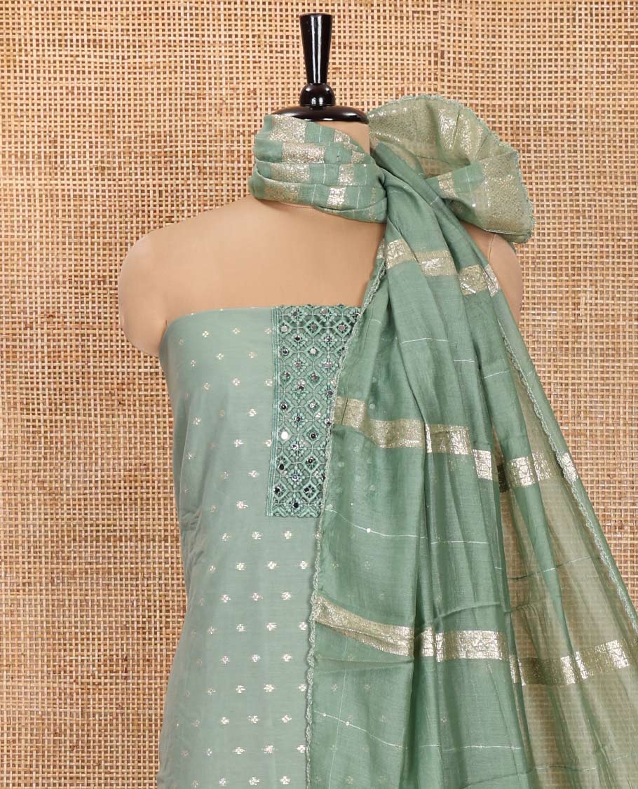 Pista Green Material Churidar Set, Elevated with Zari Buttas and Crosia Lace with Mirror Work Chanderi Top, Comes with a Plain Bottom, Zari Woven Chanderi Dupatta