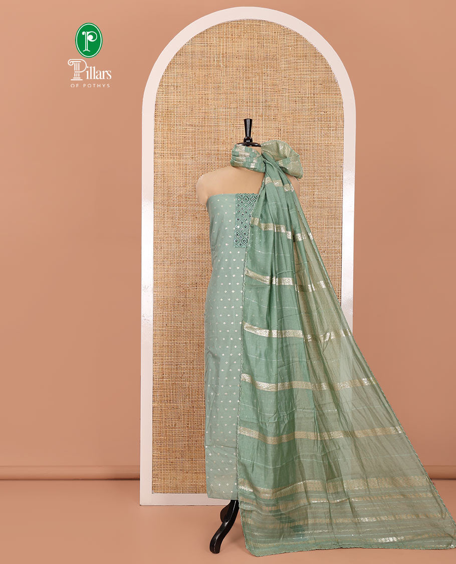 Pista Green Material Churidar Set, Elevated with Zari Buttas and Crosia Lace with Mirror Work Chanderi Top, Comes with a Plain Bottom, Zari Woven Chanderi Dupatta