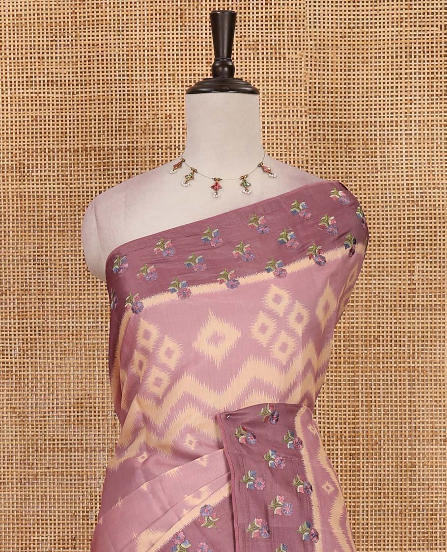 Pink pochampally ikkat style geometric printed fancy tussar saree, contrast floral motifs thread embroidered border, ikkat printed pallu, and plain blouse