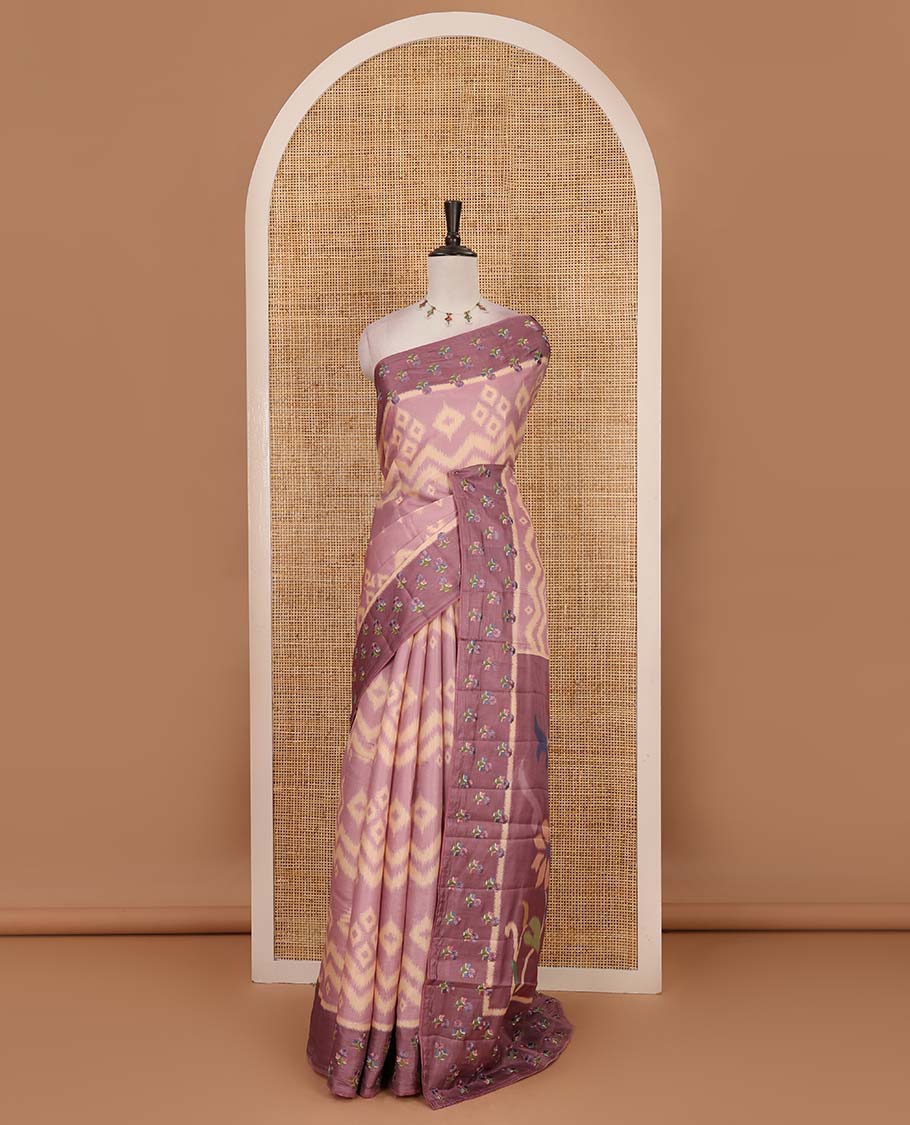 Pink pochampally ikkat style geometric printed fancy tussar saree, contrast floral motifs thread embroidered border, ikkat printed pallu, and plain blouse