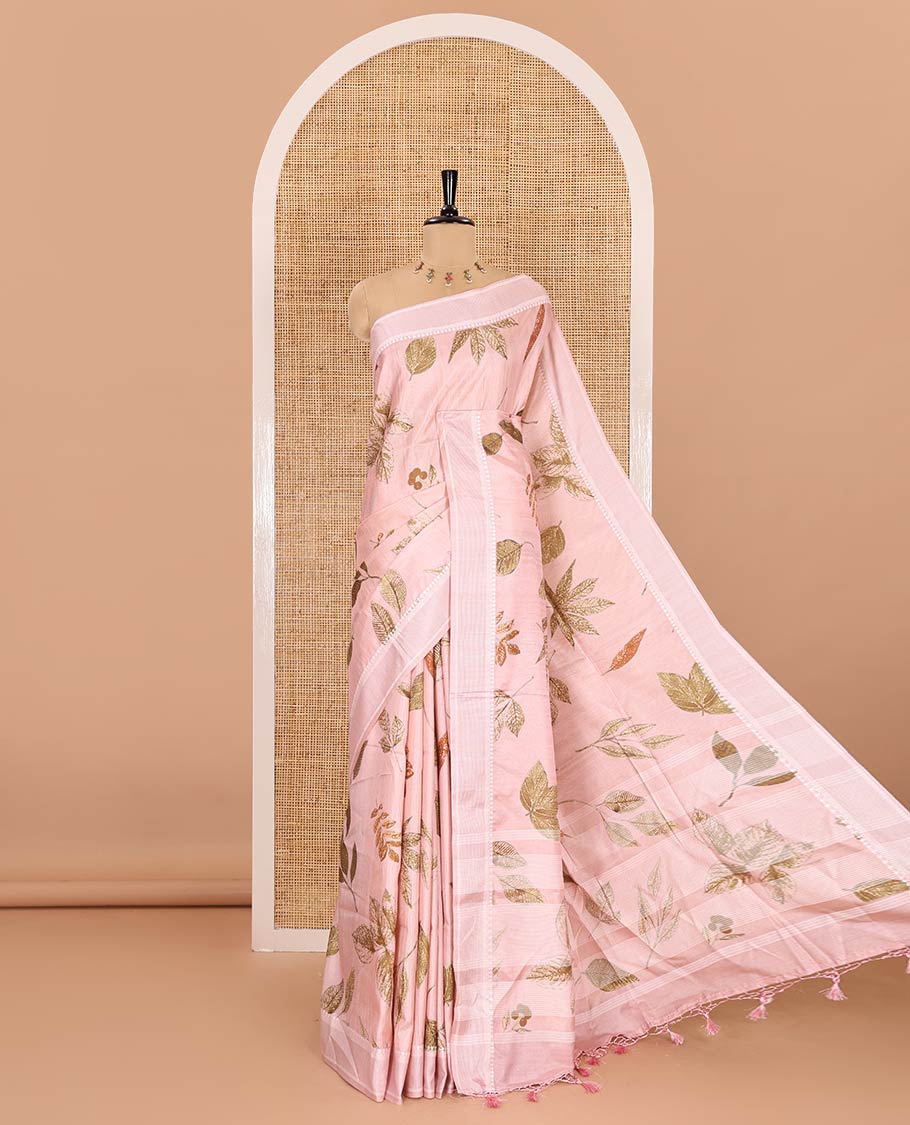 Light pink unique size and shaped leaf motifs printed fancy tussar saree, resham thread woven border, leaf motifs printed pallu, and a matching striped blouse