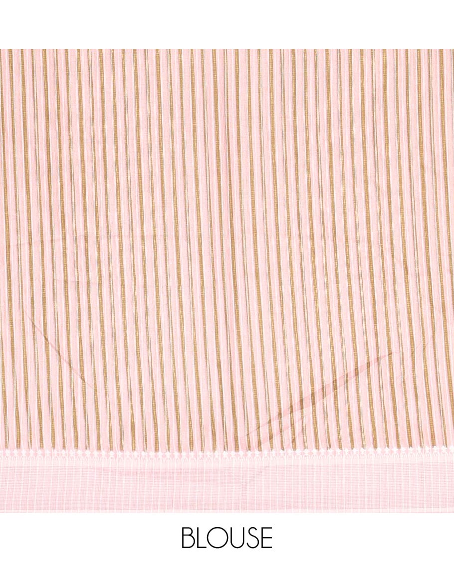 Light pink unique size and shaped leaf motifs printed fancy tussar saree, resham thread woven border, leaf motifs printed pallu, and a matching striped blouse