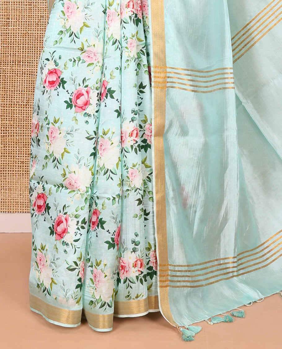 Mint green colorful rose floral motifs digital printed banana pith saree, piping border, striped pallu, and floral printed blouse