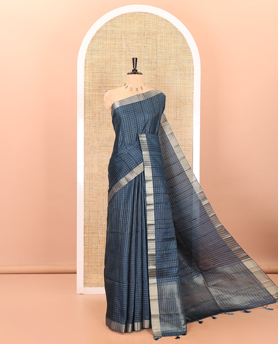 Blue zari checked design fancy tussar silk saree, bavanji border, zari design pallu, and a matching blouse