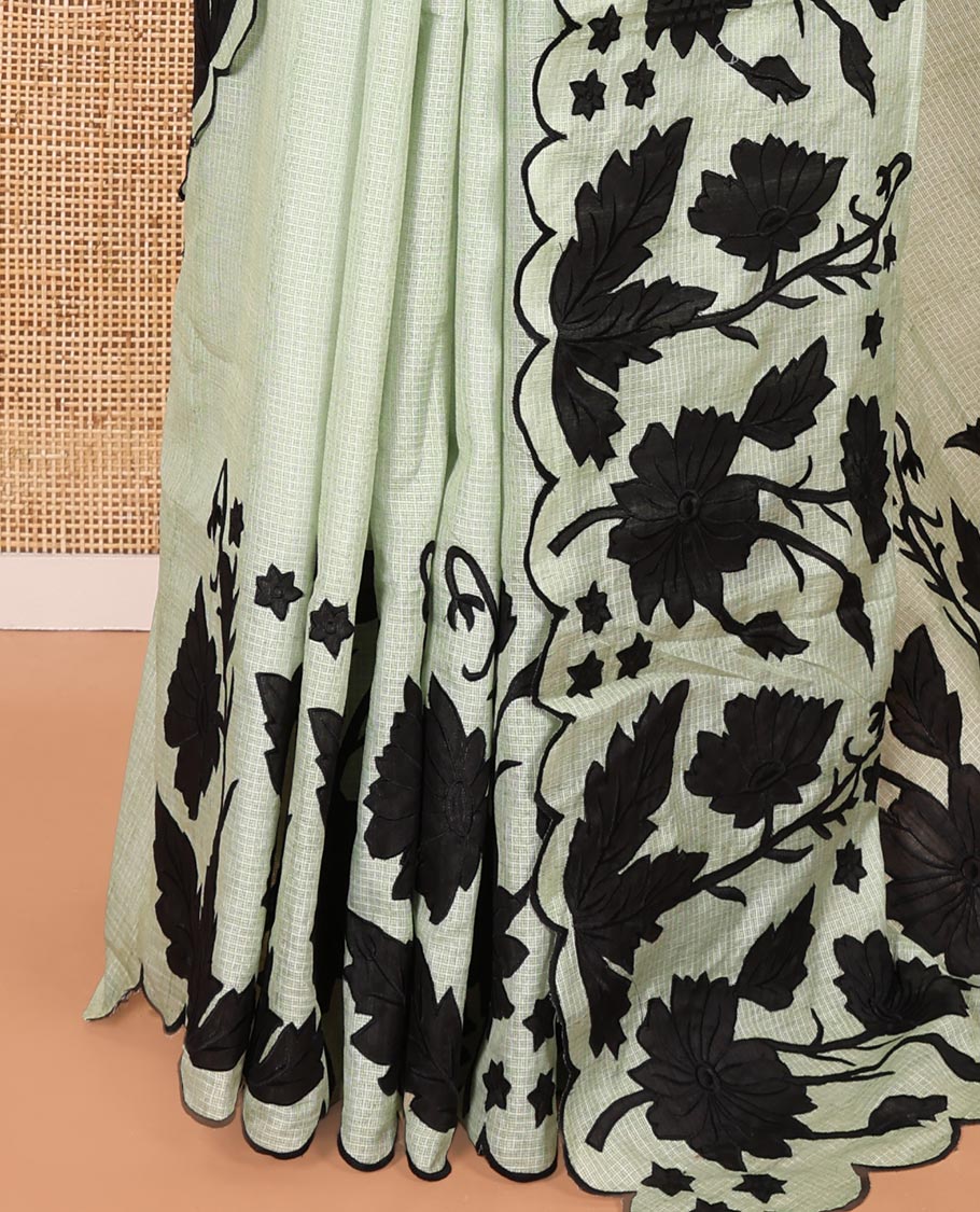 Pista Green Plain Fancy Kota Silk Saree Highlighted with Floral Applique Embroidered Scallop Border, Applique Embroidered Pallu, and a Matching Blouse