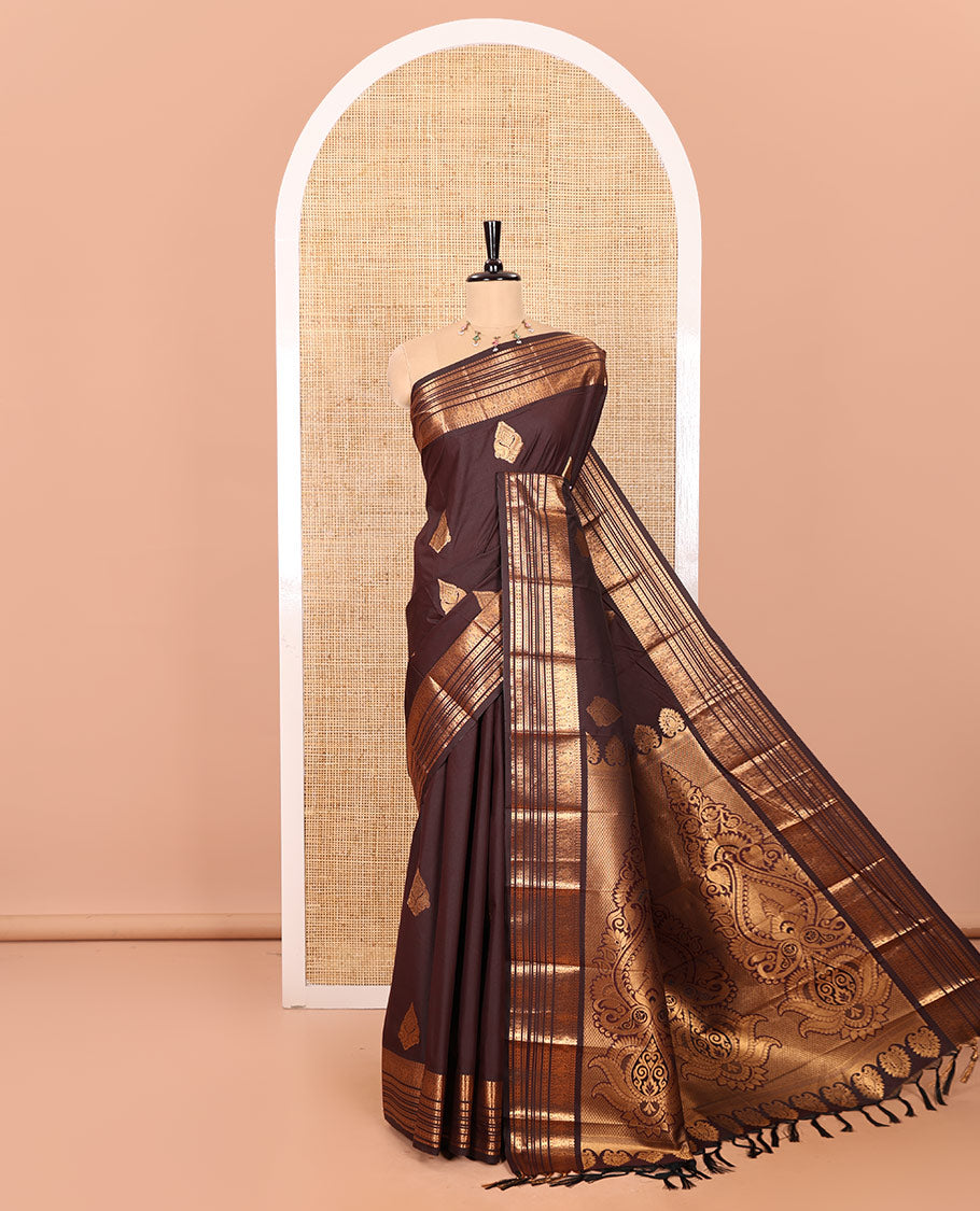 Coffee Brown Kanchipuram Budget Silk Saree Beautified with Zari Buttas, Highlighted by Zari Border of Traditional Designs, Majestically Detailed Pallu of Intricate Designs, and Paired with a Matching Blouse