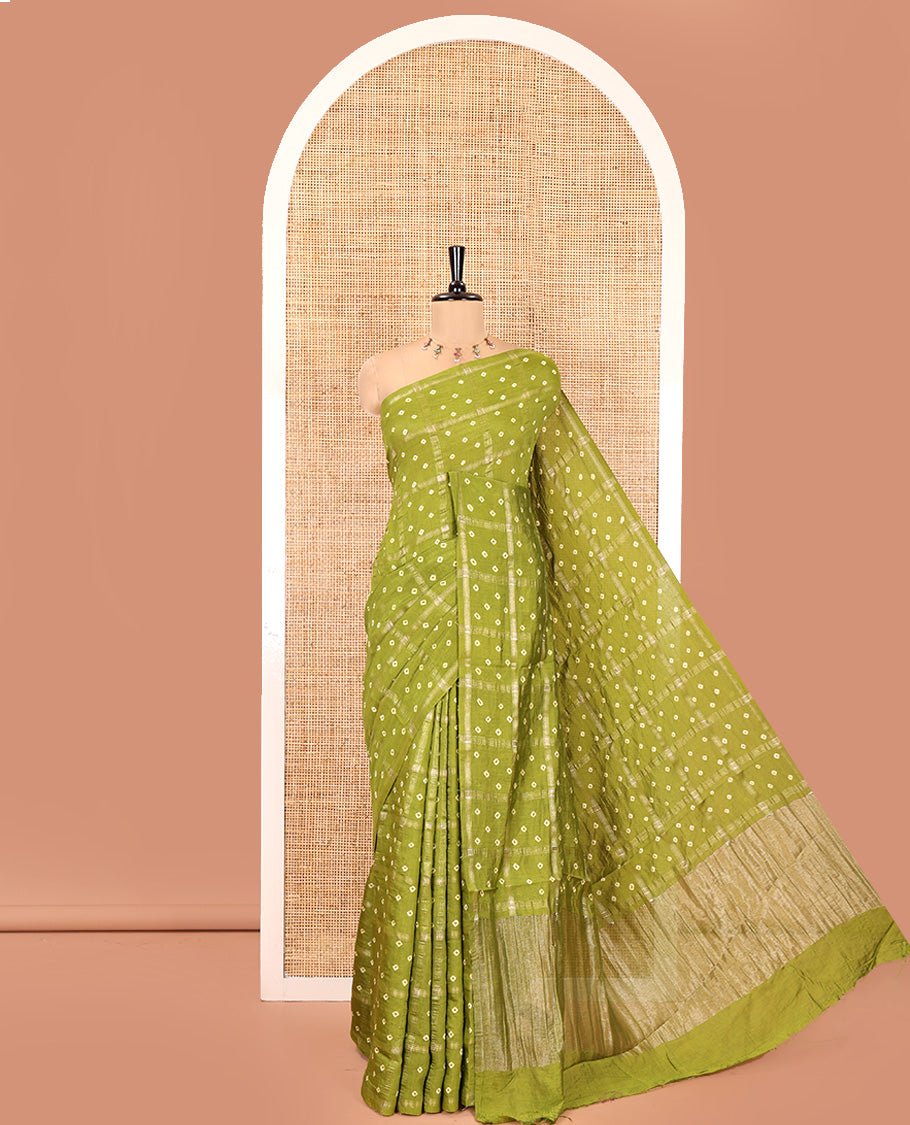 Borderless Green Assam Silk Saree, Richly Detailed with Bandhani-Dotted Ghar Chola Design on Its Body, Gleaming Zari Pallu, and Paired with a Matching Blouse