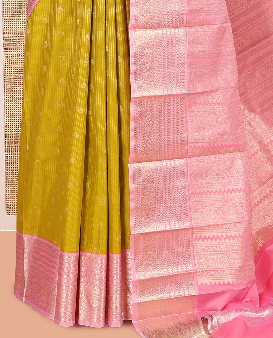 Lemon Green-Peach Budget Silk Saree