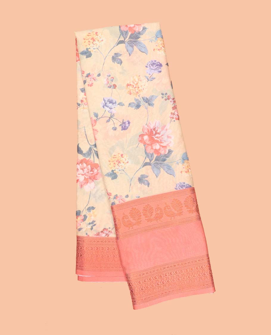 Sandal floral printed semi-banaras printed saree, contrast traditional design border & striped pallu