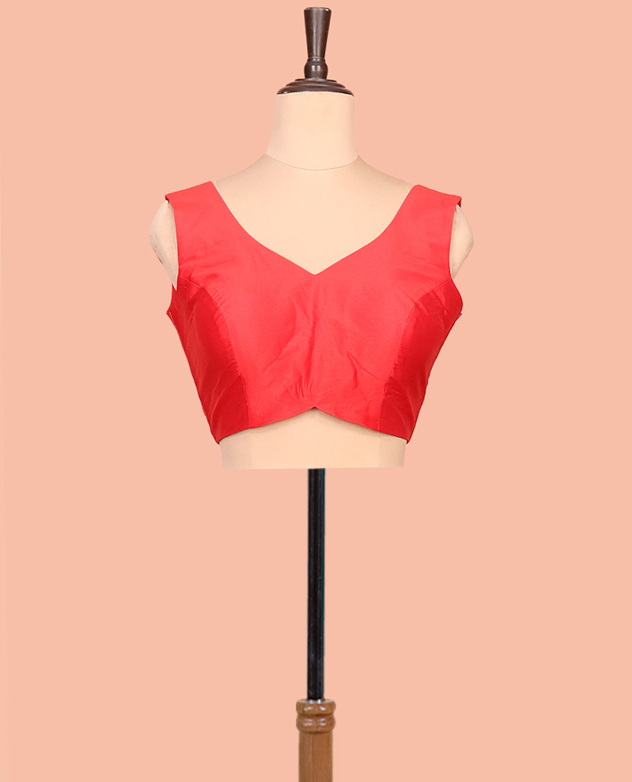 Red Plain Readymade Blouse Featuring a Front V-Neck, Back Deep V-Neck, and Sleeveless
