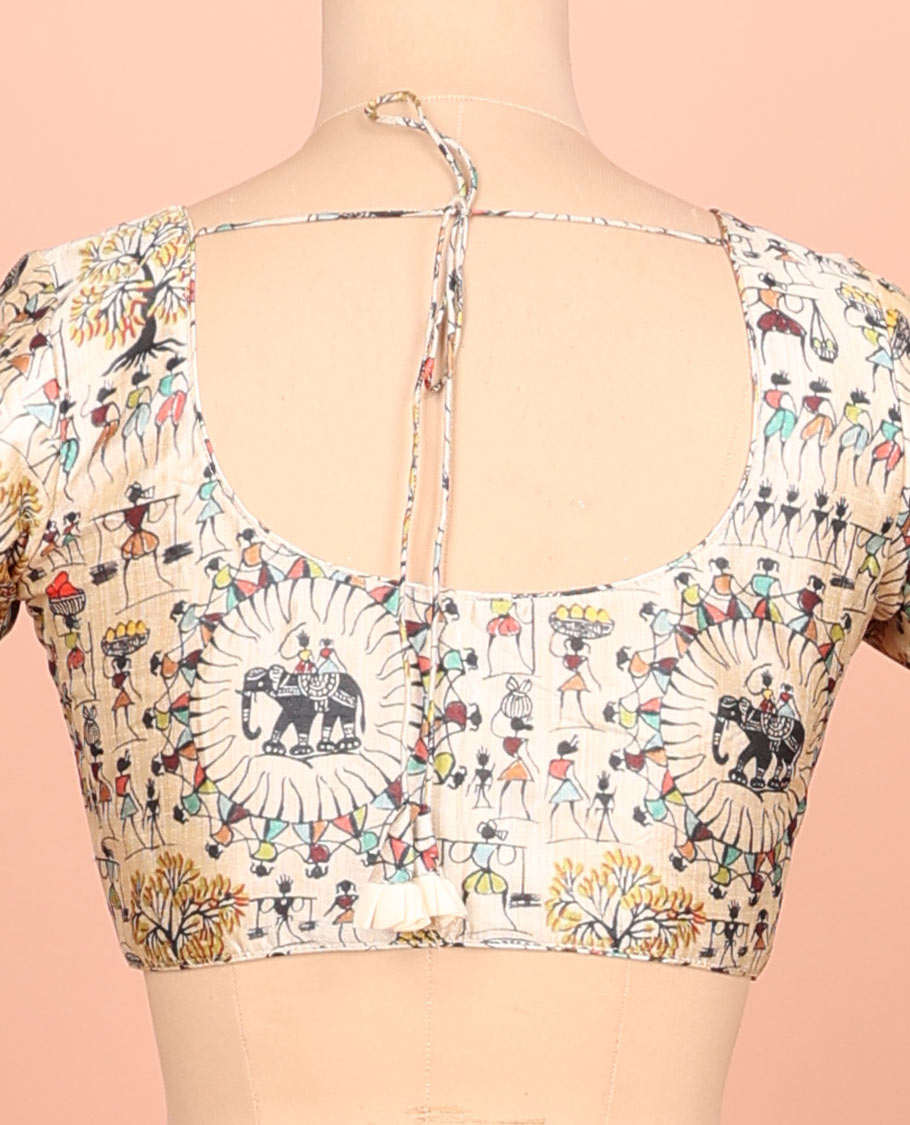 Sandal warli-village printed front-back round-neck elbow sleeve readymade blouse