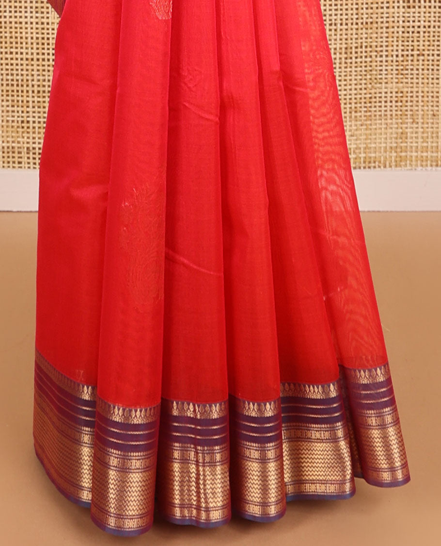 Red motifs silk cotton saree with contrast intricate design border & floral jaal design pallu