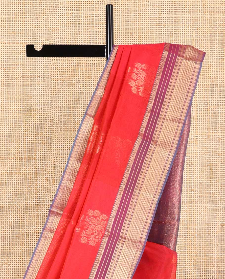 Red motifs silk cotton saree with contrast intricate design border & floral jaal design pallu