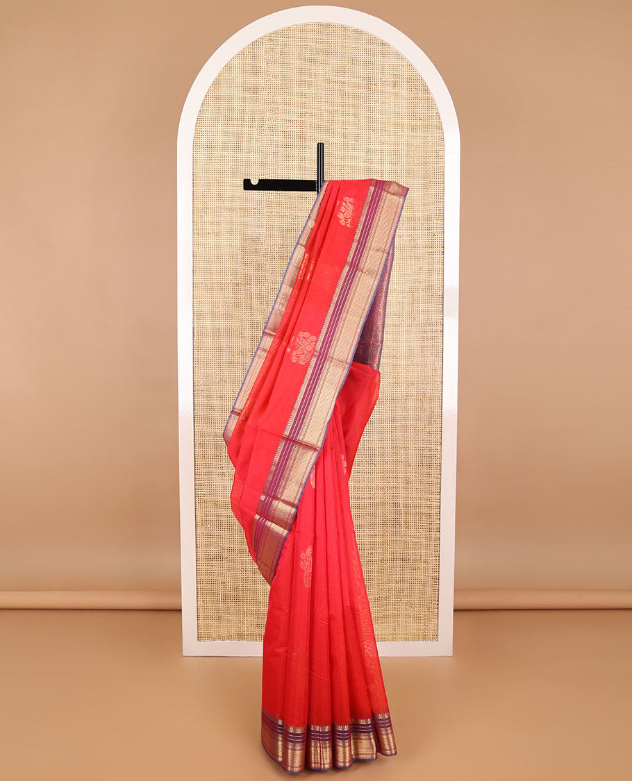 Red motifs silk cotton saree with contrast intricate design border & floral jaal design pallu