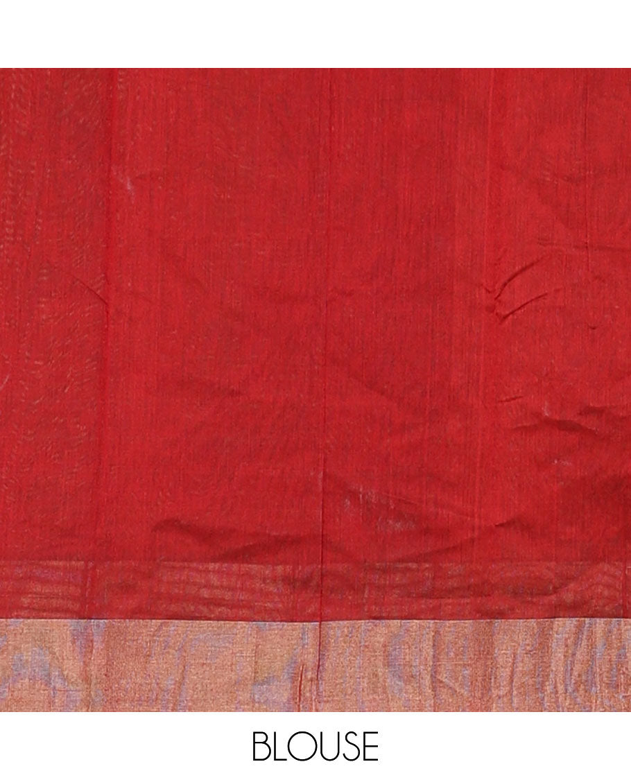 Red zari buttas silk cotton saree, contrast bavanji border, and pallu of chevron designs on zari
