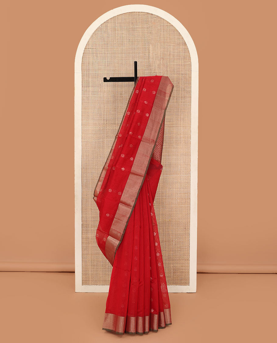 Red zari buttas silk cotton saree, contrast bavanji border, and pallu of chevron designs on zari