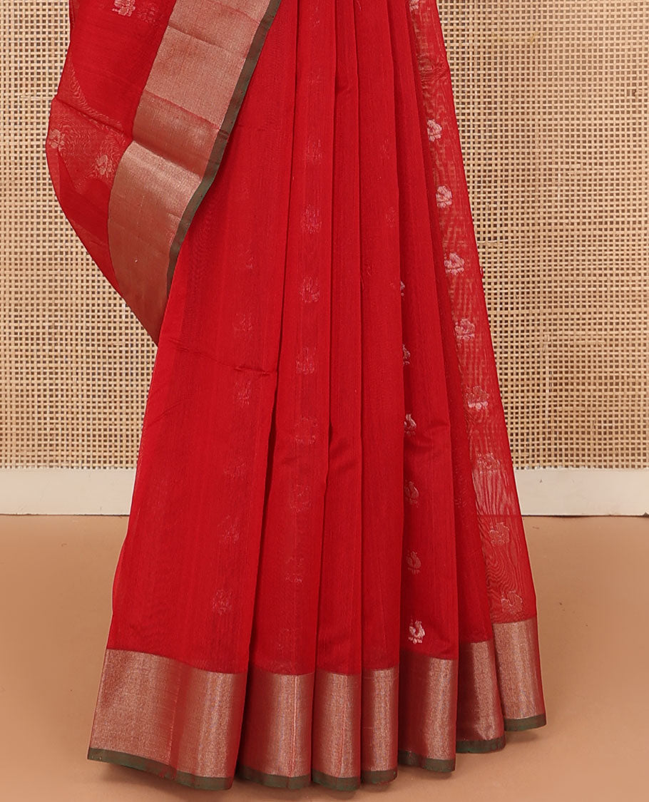Red zari buttas silk cotton saree, contrast bavanji border, and pallu of chevron designs on zari