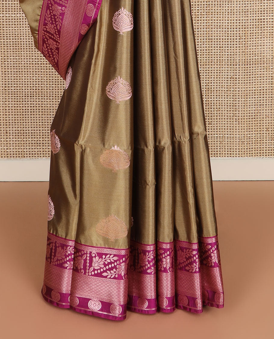 Grey zari buttas silk saree, contrast traditional zari border, and jaal pallu