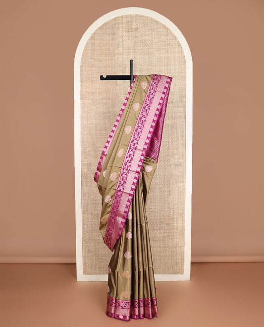 Grey zari buttas silk saree, contrast traditional zari border, and jaal pallu