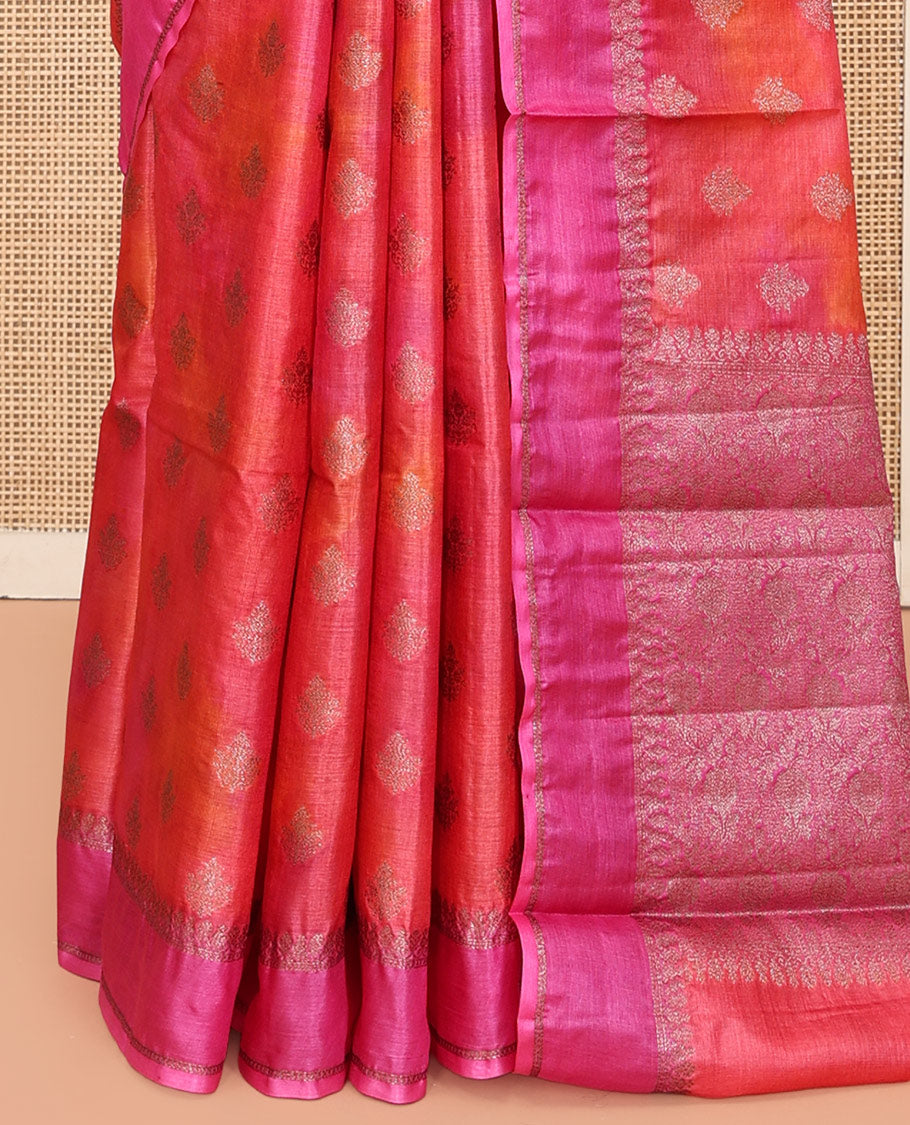 Pink -Orange Tussar Silk Saree, Enriched with Zari Buttas, Highlighted by a Zari Border, Floral Design Pallu, and a Matching Blouse