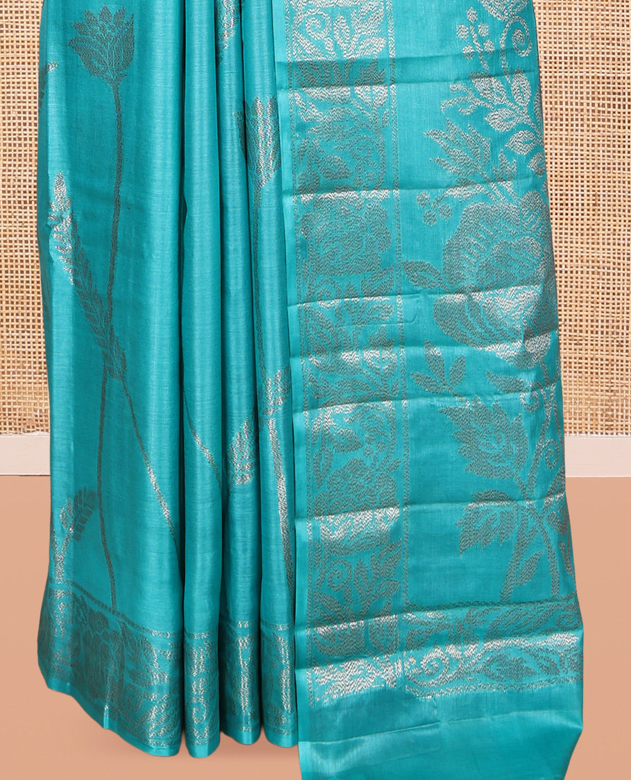 Blue Tusser Silk Saree, Decorated with Floral Jaal Jacquard Design, a Zari Border, Intricate Pallu, and a Matching Blouse