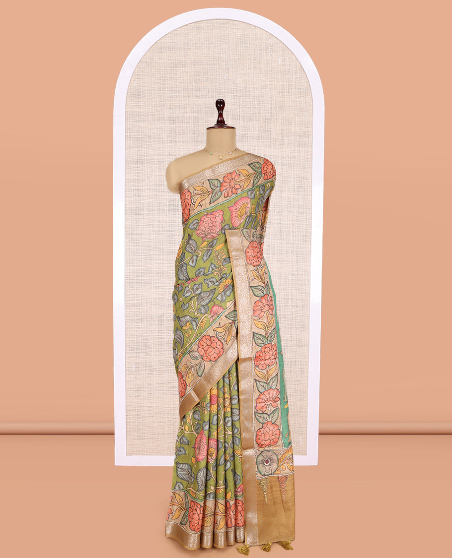 Green Kalamkari Printed Fancy Tussar Saree