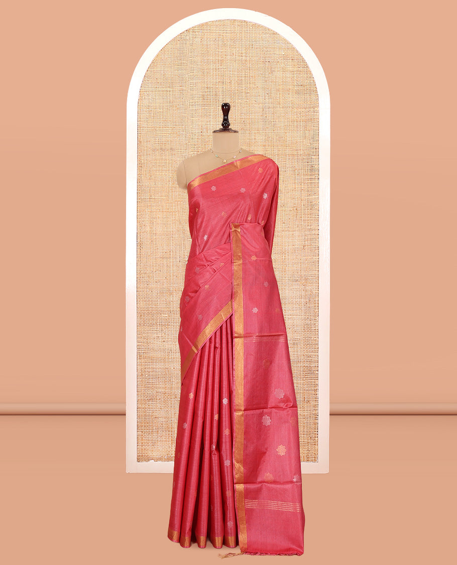 Pink Tussar Saree, Woven with Buttas, a Subtle Zari Border, Pallu of Zari Buttas, and a Matching Blouse
