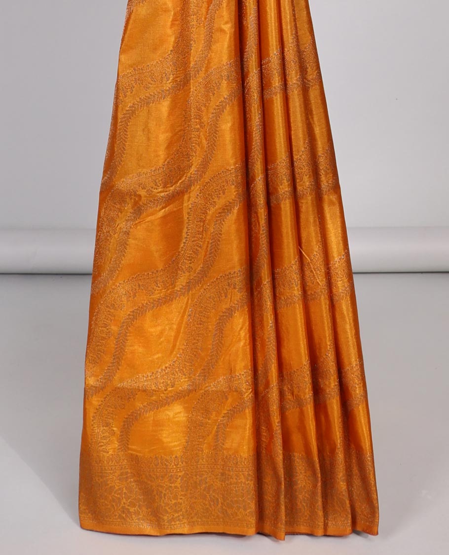 Yellow striped semi- banaras tussar saree with self zari border & intricate zari ogee design pallu