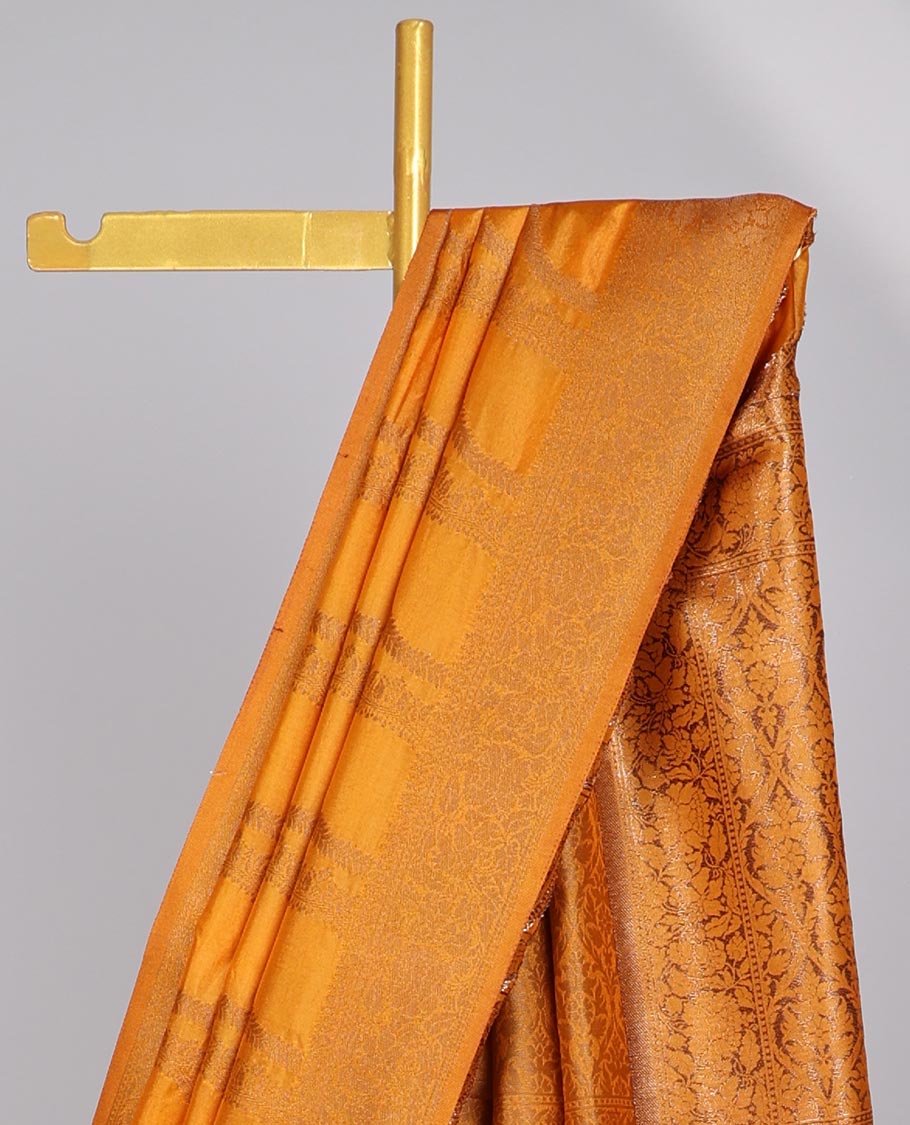 Yellow striped semi- banaras tussar saree with self zari border & intricate zari ogee design pallu