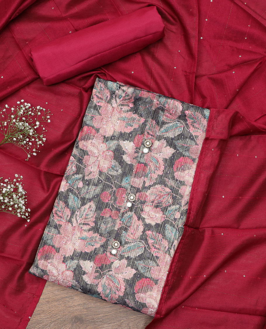 Grey material chudidar set, floral printed, and embroidered top, contrast plain bottom, and sequins striped dupatta